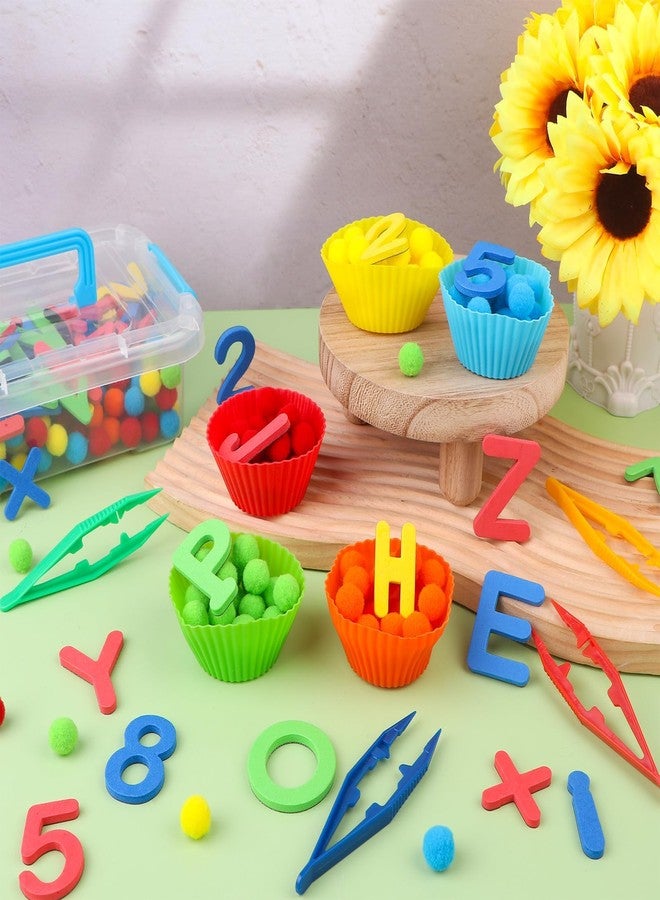 Easywiny 286Pcs Letters and Numbers Sensory Bin Filler Fine Motor Toys Counting Sorting 200 Felt Pompoms 76 Magnetic Letters Numbers 4 Tweezers 5 Silicone Plates 1 Storage Box for Counting Sorting DIY Crafts - Image 4